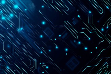 Obraz premium Abstract close-up of a glowing blue digital circuit board, showcasing intricate connections and technological design on a black background. 