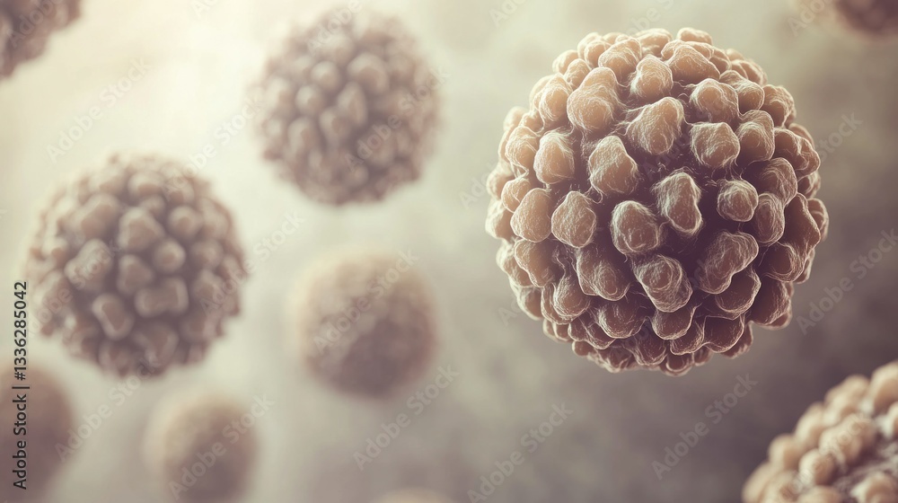 Poster Several round spherical objects floating against a blurred background