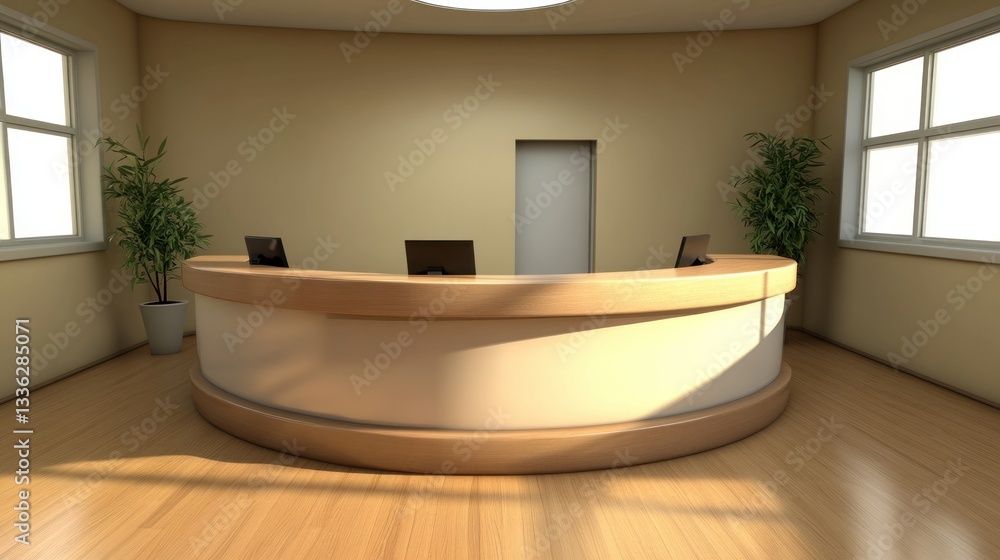 Poster a curved reception desk inside a brightly lit office setting