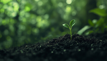 A small green shoot rises from the rich, dark soil, symbolizing the birth of new life and the beginning of growth.