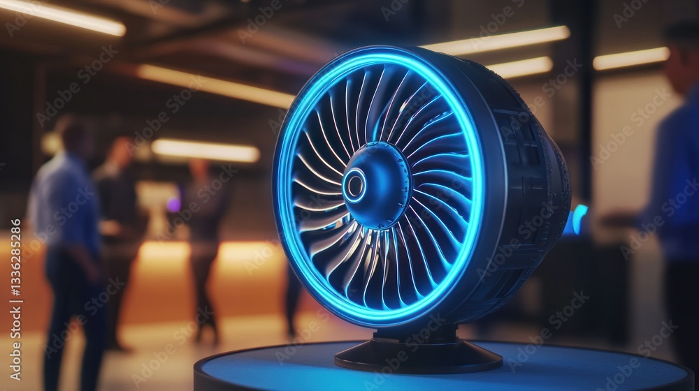 Poster A futuristic illuminated jet engine display sits on a table