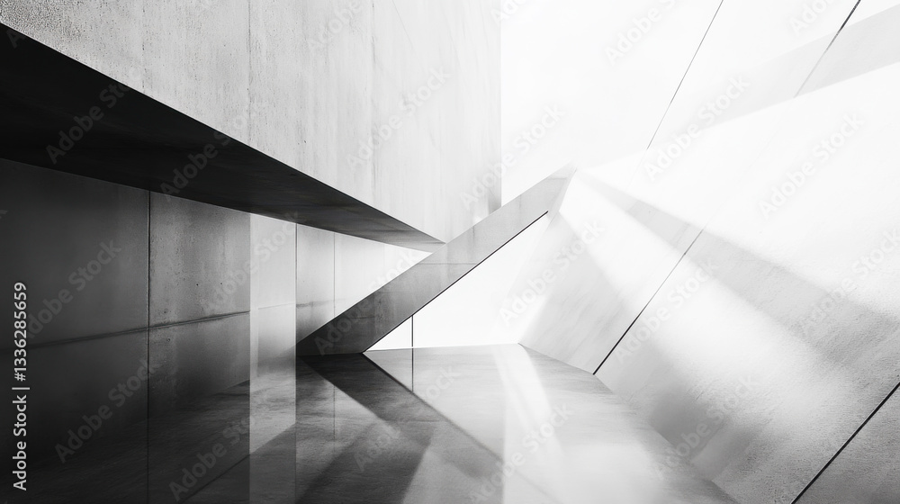 Poster abstract composition of sharp glass-like structures creating a dynamic perspective in black and whit