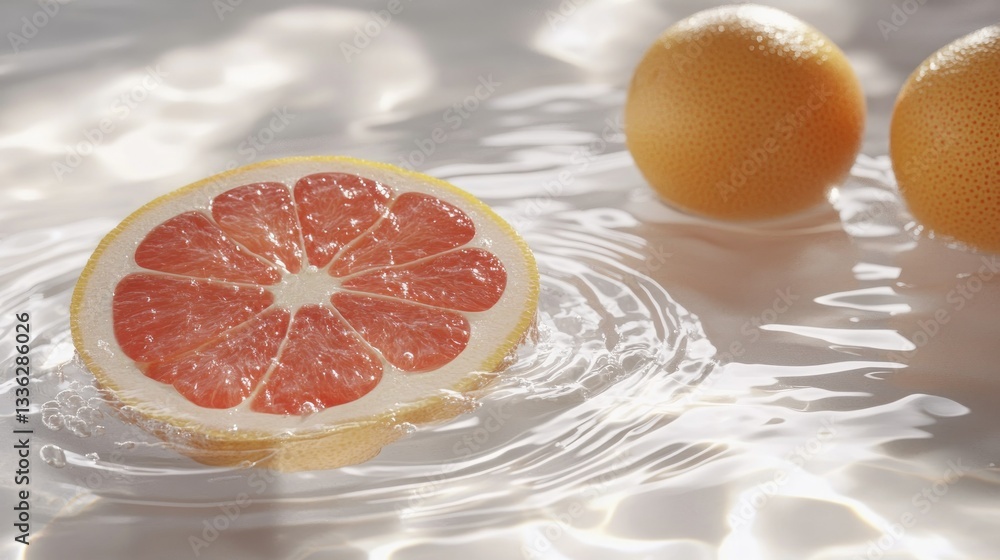 Poster a grapefruit slice and whole fruits float in water gracefully