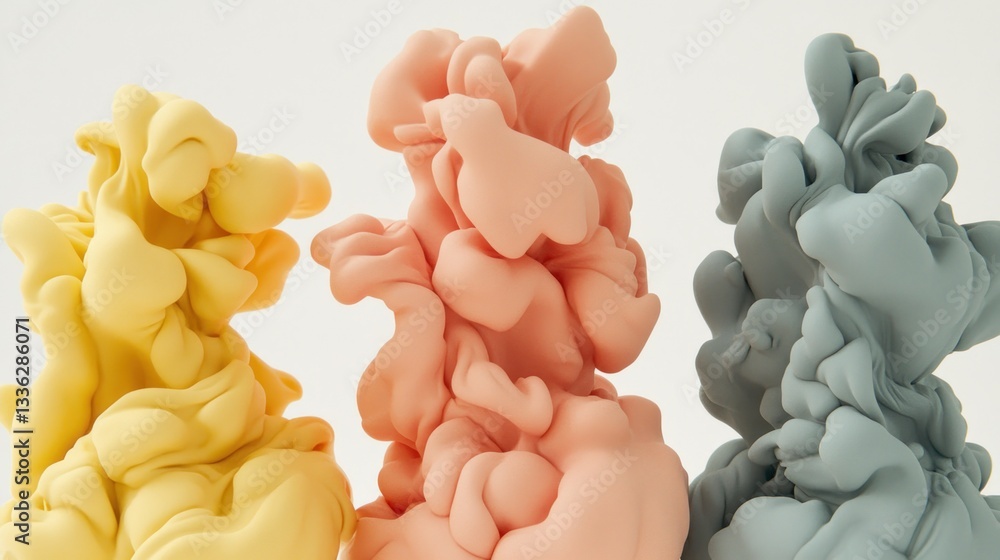 Poster three colorful and abstract shaped forms rise against a white background