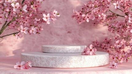 Elegant display of pink cherry blossoms surrounding textured circular platforms on a soft pink background