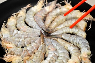 shrimps raw seafood, healthy meal food snack. for background, copy space, design
