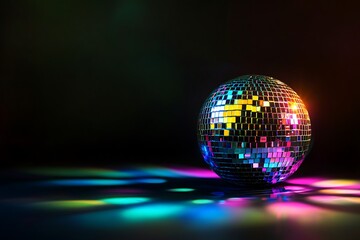 Disco ball reflecting colorful lights on dark floor.