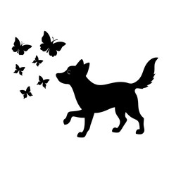 A cute village dog chasing butterflies silhouette vector illustration
