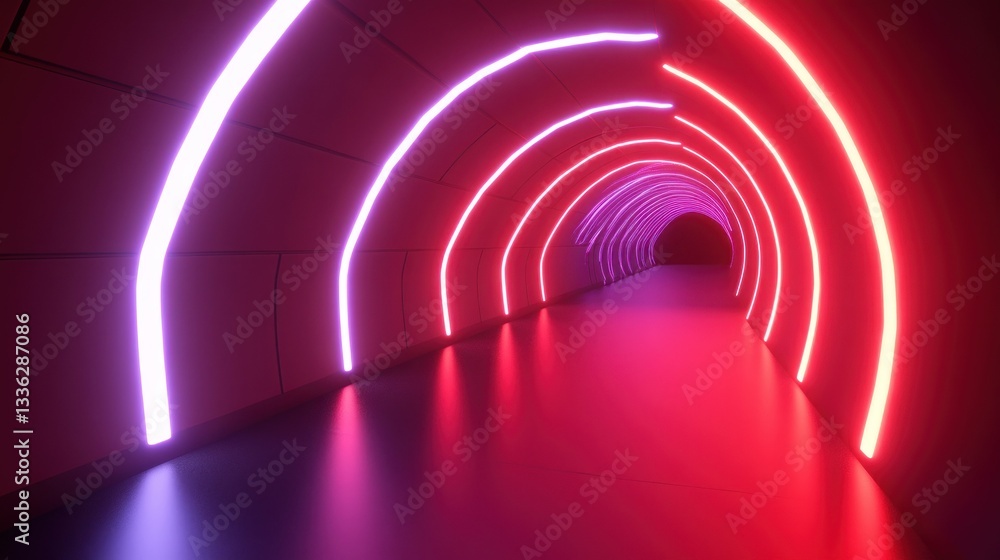 Poster an illuminated tunnel with vibrant neon lights and reflections