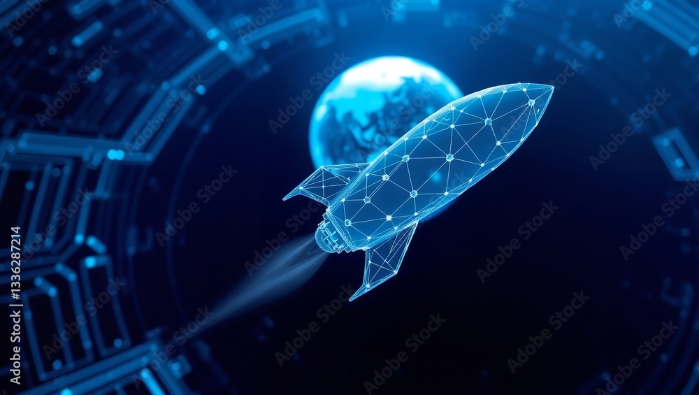 Poster digital rocket launch global innovation technology startup success blue fast data dark space speed