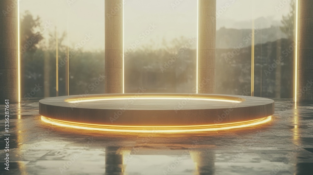 Poster Illuminated presentation stage centered within a modern architectural space