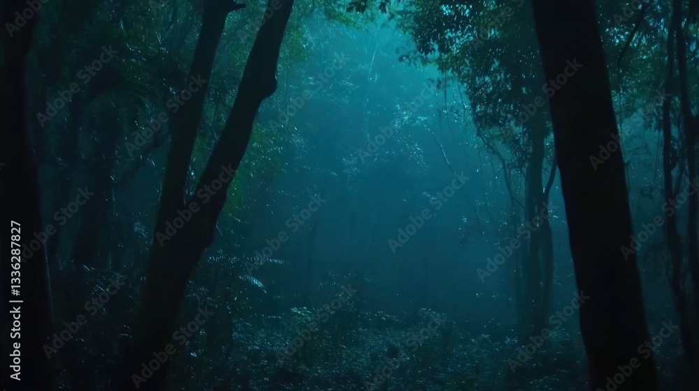 Poster dark and misty forest scene showcasing trees and atmospheric lighting