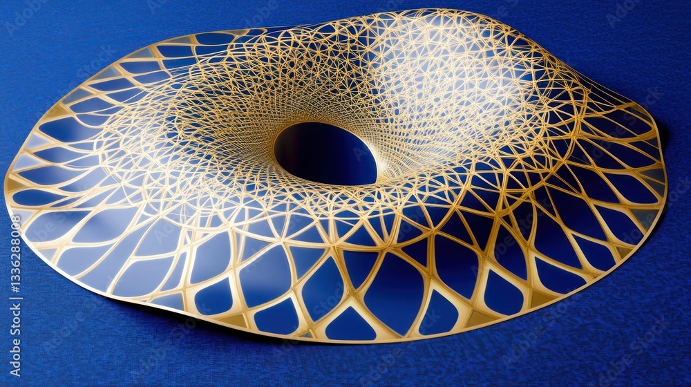 Poster a golden decorative structure features intricate geometric patterns on blue