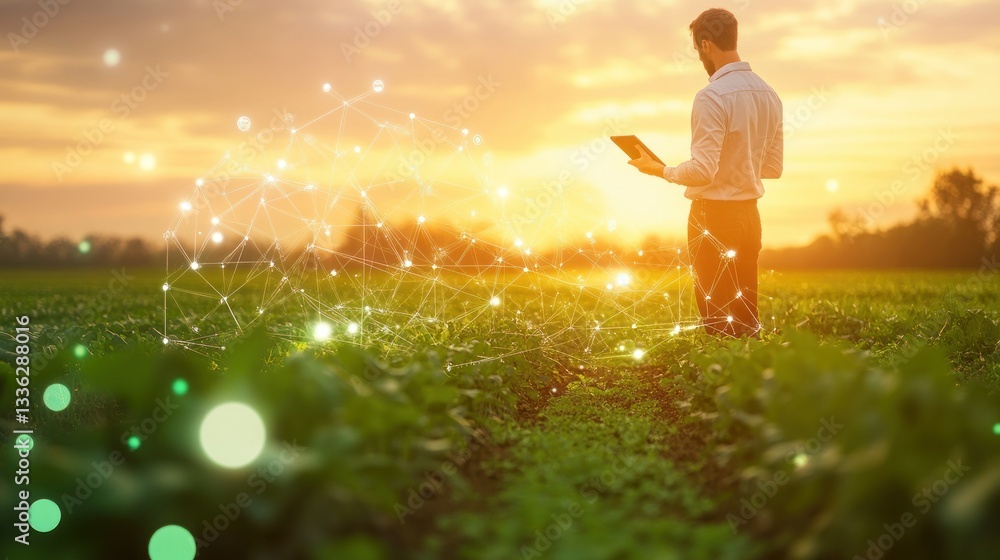 Poster a farmer uses technology for field crop analysis and data