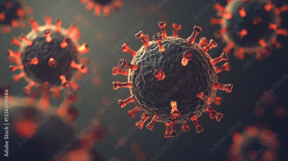 Poster several microscopic spherical viruses are depicted in this dark image