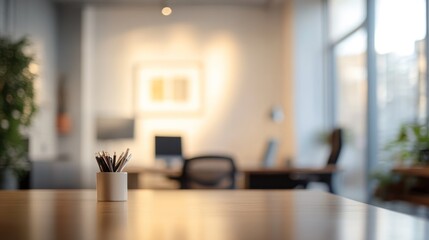 Fototapeta premium Modern office interior, pens on desk, blurred background, professional workspace, suitable for business, design, or productivity stock photography