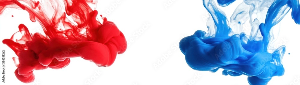 Poster Red and blue liquids creating abstract shapes on white background