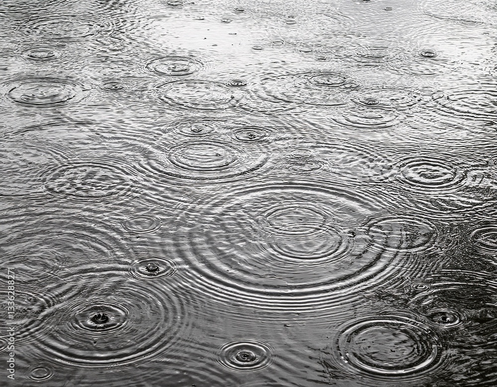 Poster patterns of intersecting ripples created by falling rain on water.