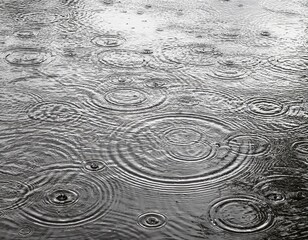 Patterns of intersecting ripples created by falling rain on water.