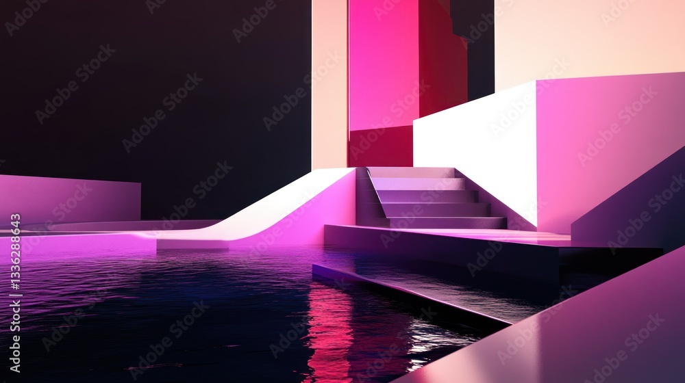 Poster geometric structures and water are bathed in vibrant color and light