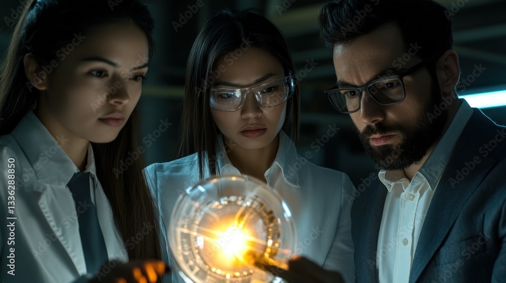 Poster Scientists closely examining a glowing orb in a laboratory environment