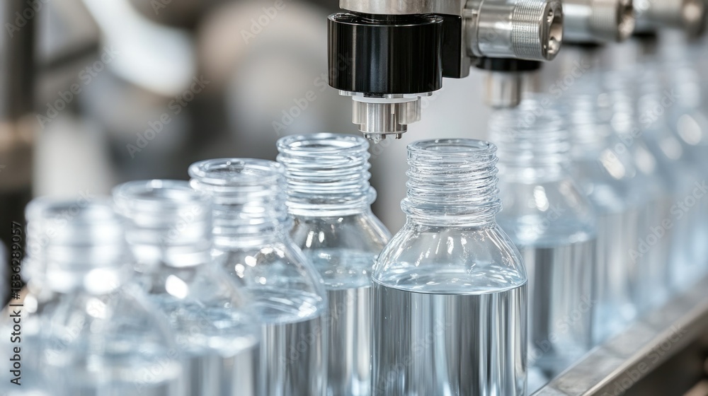 Poster Automatic machine filling clear bottles with a clear liquid