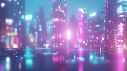 The colorful cityscape features blurred buildings and neon lighting effects