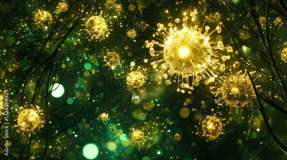 Poster illuminated spheres floating amid branches and abstract green background