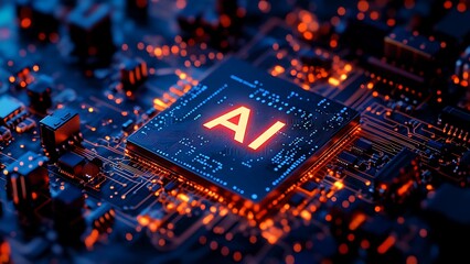 AI-Enhanced Computer Chip Glowing in Advanced Technological Circuit Board