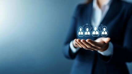 HR technology digital networking data-driven recruitment and futuristic workforce management. Businesswoman presenting digital team icons.