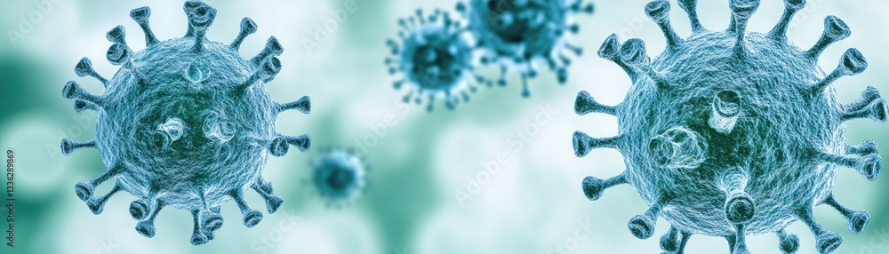 Poster Several microscopic infectious viruses are displayed on a green backdrop