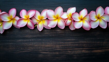 Obraz premium Delicate pink plumeria flowers arranged on dark wood