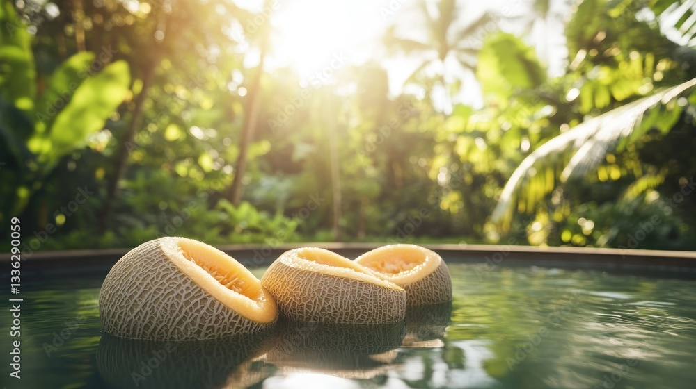 Poster sliced cantaloupe melon fruits floating in a green pool