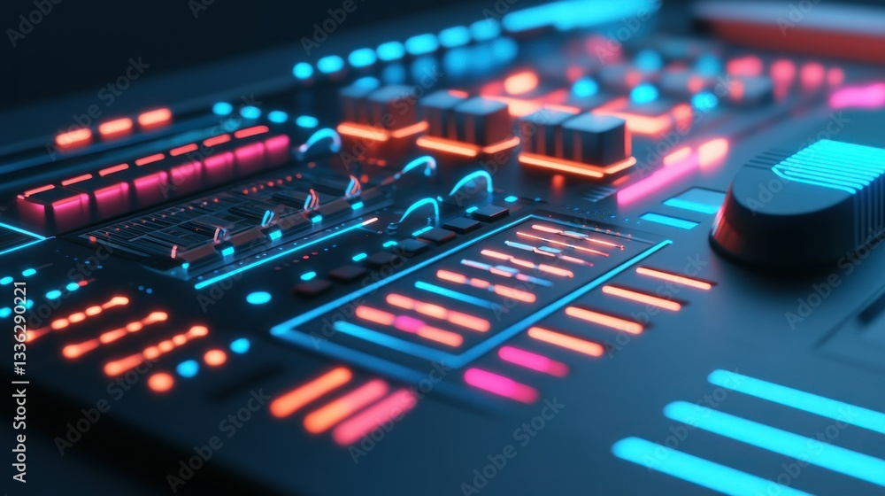 Poster A futuristic illuminated audio control console with lights and knobs