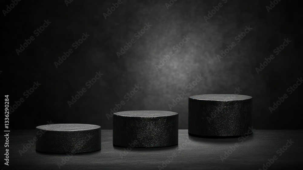 Poster Three Textured Circular Platforms Against a Dark Grungy Background