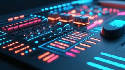 A futuristic illuminated audio control console with lights and knobs