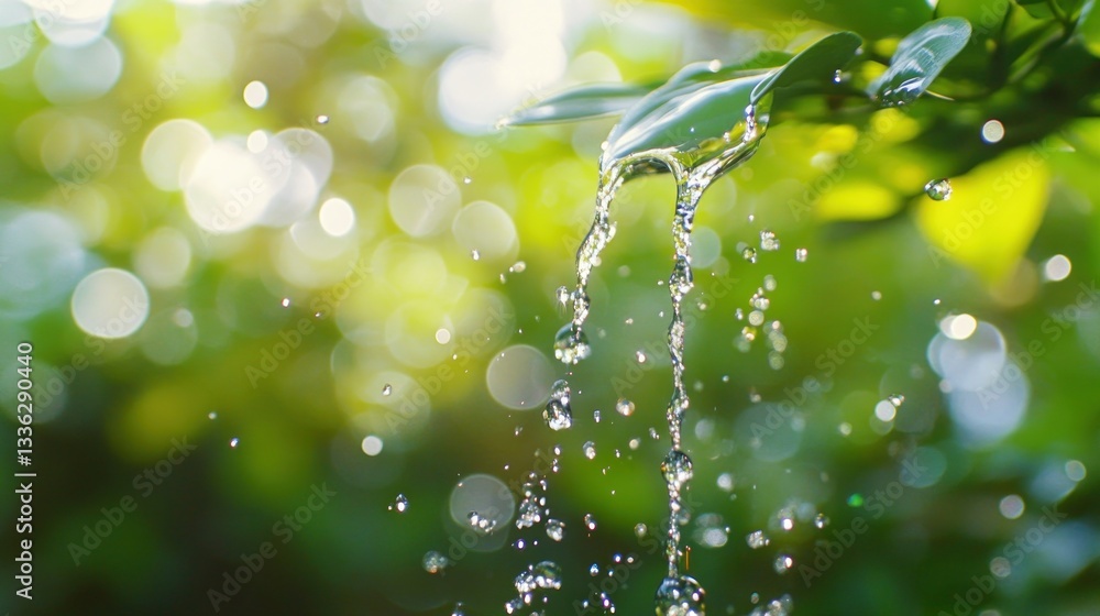 Poster clear water droplets cascade from a green leaf with a blurred background