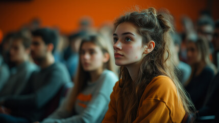 Fototapeta premium Young audience engaged during a presentation in a warm-toned indoor setting on a bustling afternoon Generative AI