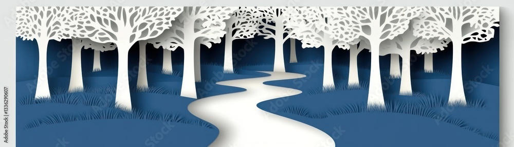 Poster paper art depicts a winding pathway through a forest of trees