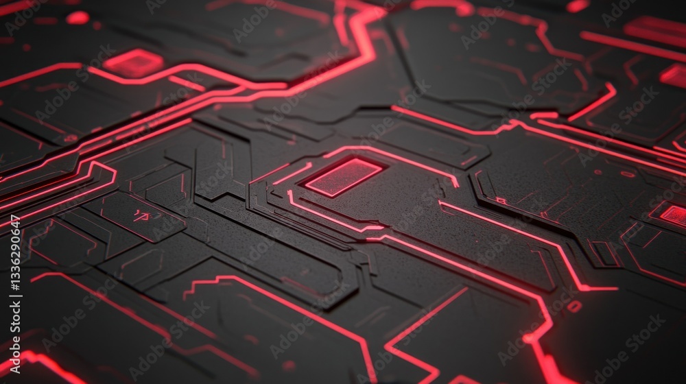 Poster futuristic circuit board shows red glowing electronic pathways on its surface