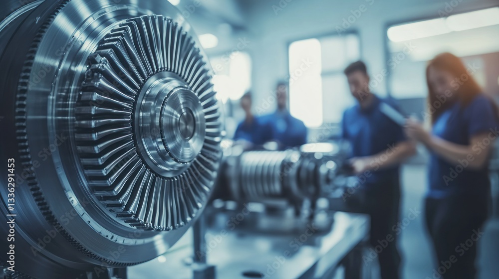Poster Complex mechanical device with engineers in a modern workshop