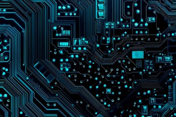 Abstract close-up of a glowing blue digital circuit board, showcasing intricate connections and technological design on a black background.
