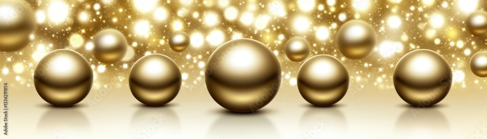 Poster shiny golden spheres levitate against a shimmering background of bokeh