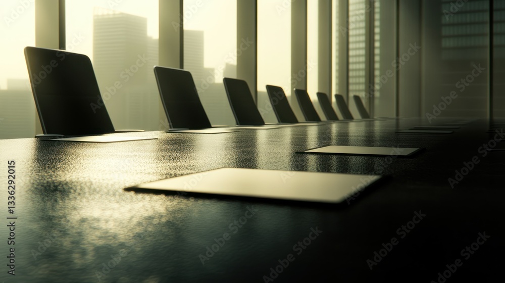 Poster an empty boardroom table with chairs and cityscape outside windows