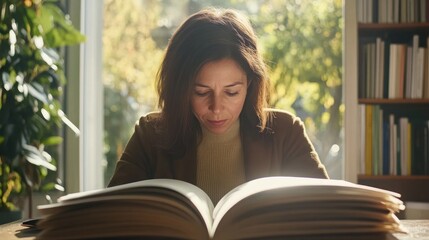 A woman is absorbed in reading a large book in the sunlight