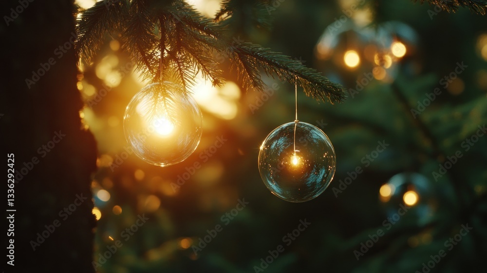 Poster spherical ornaments sparkling with warm light hung on evergreen branches