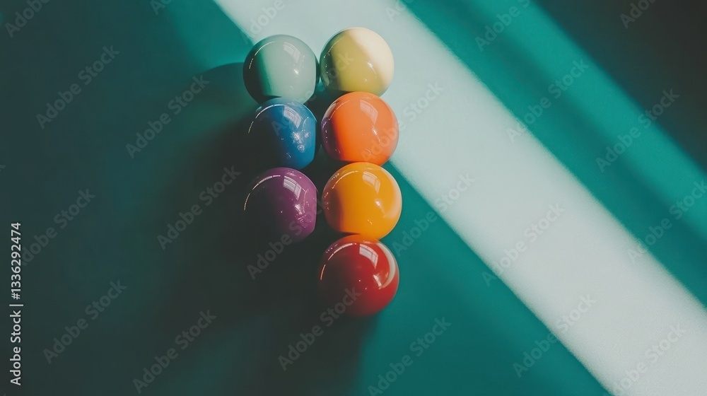 Poster a composition of colorful spheres in rows under sunlight