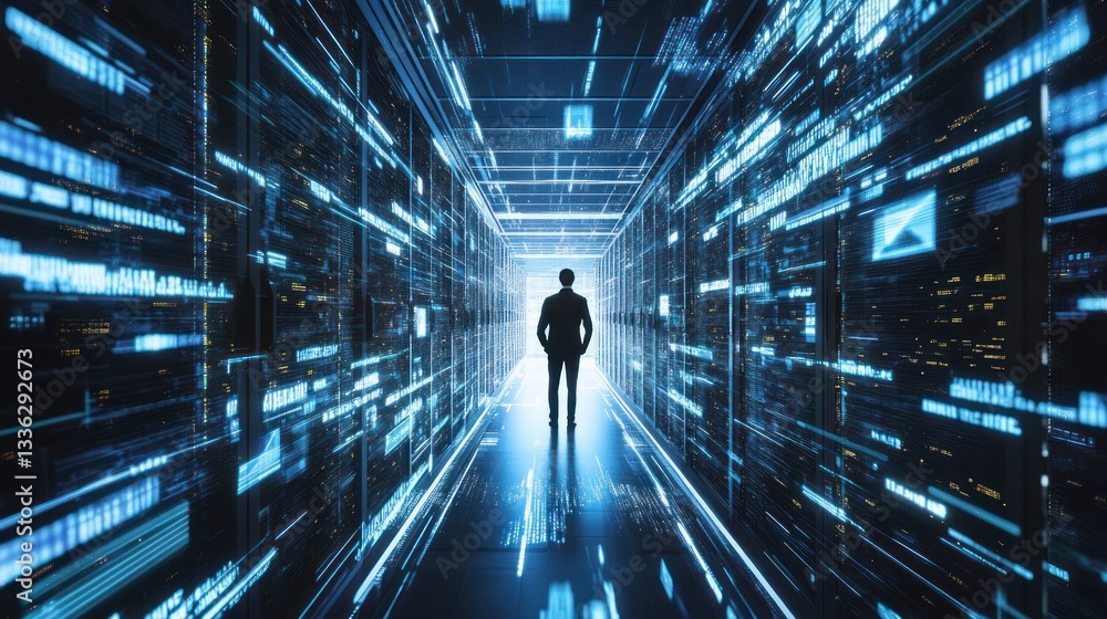 Poster a man stands in a digital corridor facing forward