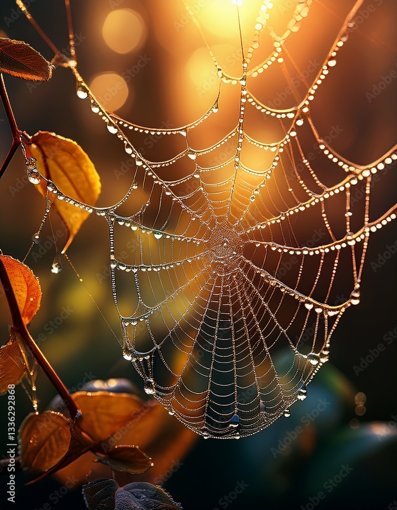 Poster sunlight filtering through raindrops on a spiderweb.