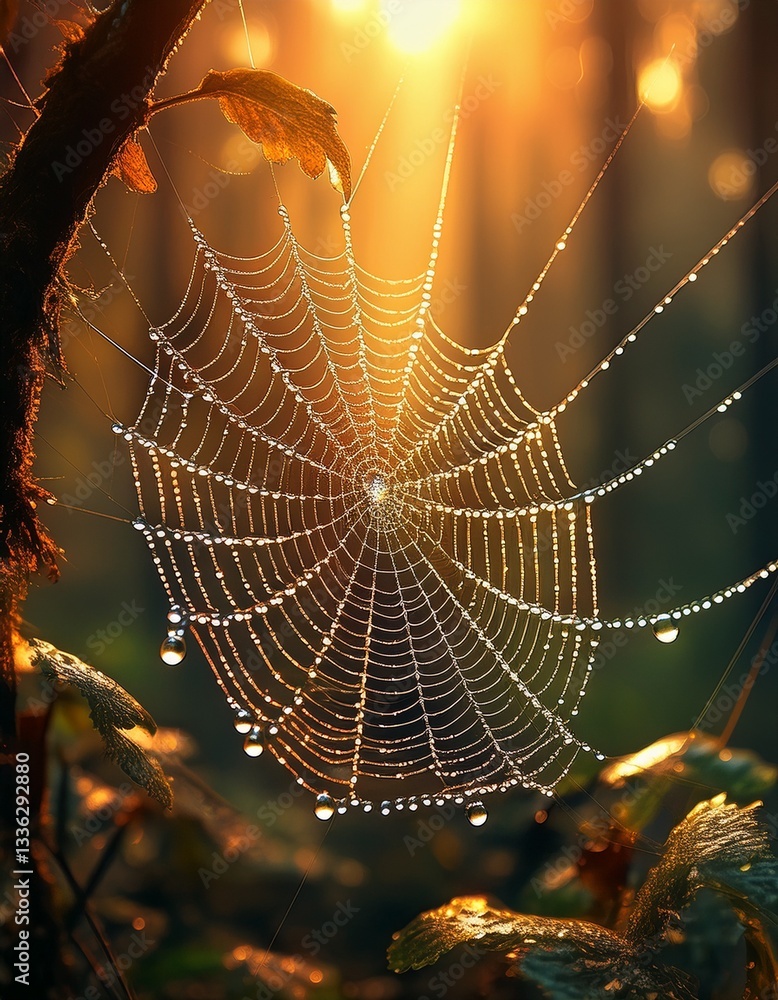 Poster sunlight filtering through raindrops on a spiderweb.